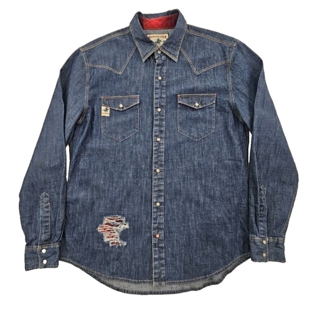 Winchester Heavy Denim Shirt Men's L Dark‎ Wash EUC Factory Distressed LS Cowboy